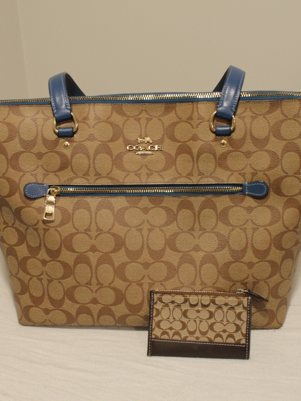 Coach Signature Canvas Tote with Blue Leather Trim